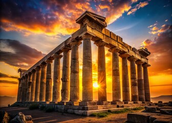 Obraz premium Ancient Temple Silhouette at Sunset - Stunning Greek Landscape Photography