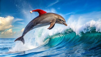 Obraz premium A playful dolphin leaps over a cresting wave, adorned with a festive red and white cap, capturing the spirit of aquatic joy and seasonal cheer.