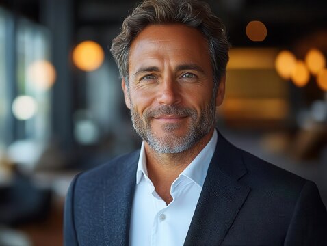 smiling middle-aged businessman exuding confidence and professionalism, standing in a polished office environment, radiating success and approachability with a backdrop of modern corporate design