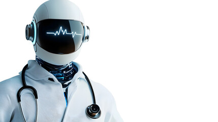 futuristic robot doctor wearing white coat and stethoscope, showcasing advanced technology with glowing heartbeat monitor on its visor. This represents innovation in healthcare