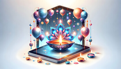 Flat Glossy Tablet Adorned with Holographic Diwali Diyas and Floating Balloons - Perfect Modern Copy Space for Celebratory Events