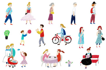 手描きイラスト　人々　いろいろな年代の老若男女のセット