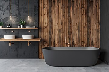 Corner of modern bathroom with black and wooden walls, concrete floor, comfortable bathtub . - Powered by Adobe