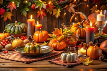 Autumn Thanksgiving Table Setting with Pumpkins and Fall Leaves for a Cozy Celebration