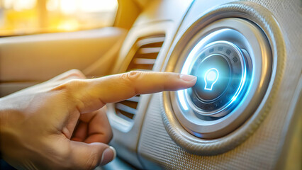 Macro Shot of Hand Activating Futuristic Start Button: Close-up of Driver's Hand Pressing Illuminated Button, Capturing Excitement of High-Tech Driving Journey - Stock Photo Concept