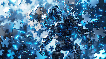 Robot with shiny metallic puzzle pieces, glowing blue highlights, standing in high-tech lab setting.