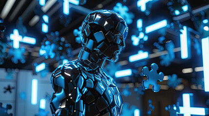 Interlocking puzzle-piece robot in advanced lab, glowing blue lights and floating puzzle parts around.