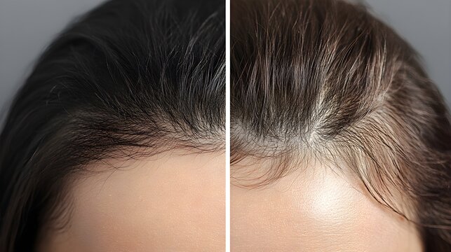 Before-and-after scalp photos in an article discussing the effectiveness of hair loss shampoos, showing hair regrowth and reduction of thinning areas over time