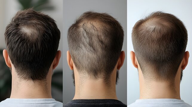 Before-and-after photo timeline tracking the monthly progress of hair restoration, from visible scalp to fuller hair, with consistent treatment updates