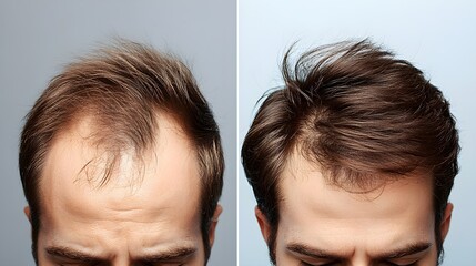 Hair transplant transformation, showing a receding hairline before surgery, and the significantly denser, restored hairline post-procedure