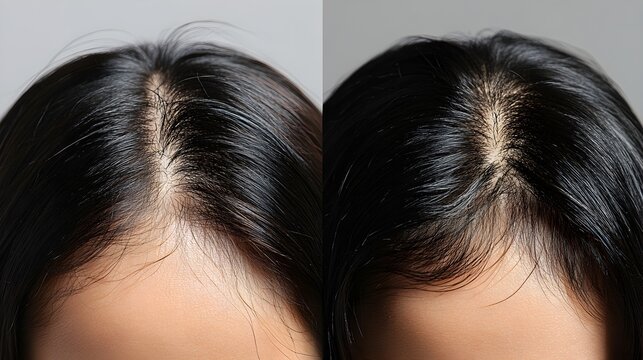 Before-and-after scalp photos in an article discussing the effectiveness of hair loss shampoos, showing hair regrowth and reduction of thinning areas over time
