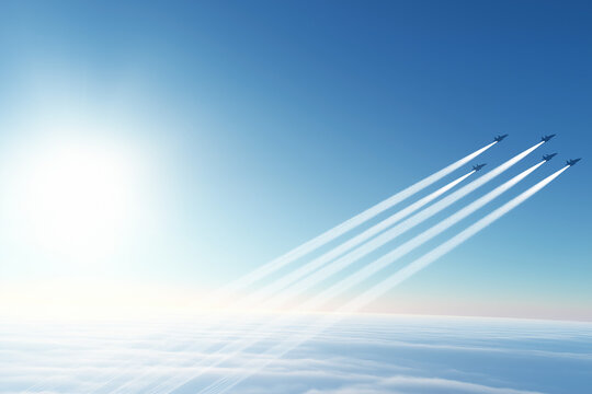 A formation of sleek jet fighters soaring through the sky at high speed, leaving vapor trails behind. 