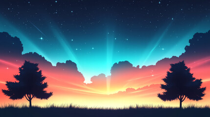 Naklejka premium Silhouetted trees stand against a vibrant, colorful sunset sky.