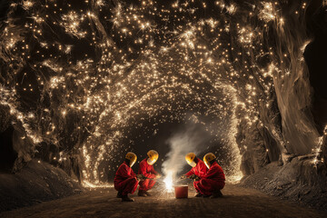 Workers performing welding operations inside a tunnel, with sparks flying in all directions, creating a beautiful light effect. 