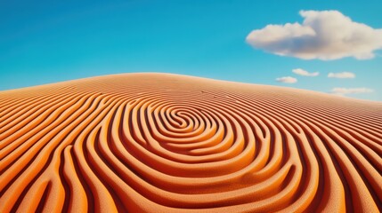 Naklejka premium Mesmerizing sand patterns swirl under a vibrant blue sky with fluffy clouds, AI