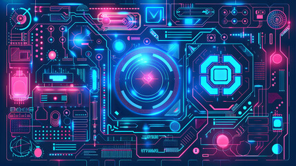 Obraz premium A futuristic vector design featuring neon-hued circuit patterns, digital grids, and abstract shapes, representing the concept of technology and connectivity