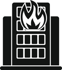 Black silhouette of a multistory building with large flames coming out of the windows