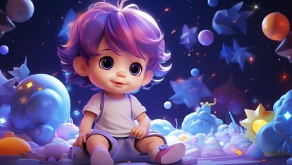Fototapeta premium Cute Boy in a Whimsical Starry Night