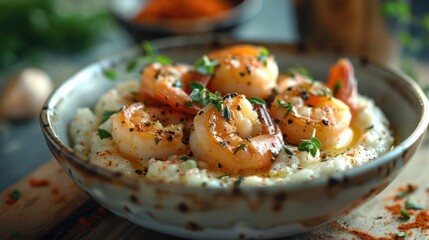 Fototapeta premium a bowl of shrimp and grits on a table