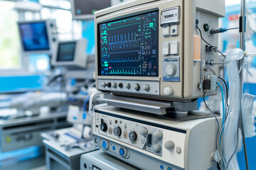 Fototapeta premium Modern anesthesia machines with detailed control panels, monitors, and breathing circuits in a hospital operating room, with copy space.