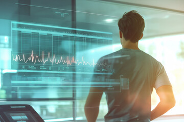 A young athlete running on a treadmill during a stress test, with electrodes attached to measure heart activity through an electrocardiogram, with copy space. Bright, clinical lighting.