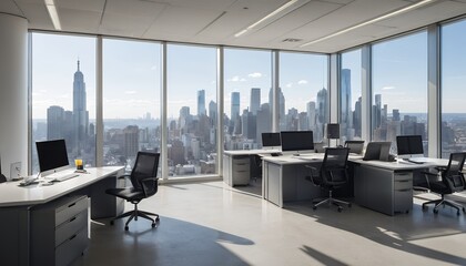 Modern Minimalist Corporate Office.
A sleek and minimalist corporate office with open-plan workspaces, glass partitions, and advanced computer setups. Natural light floods the room through large windo
