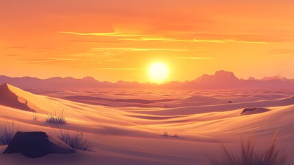 A peaceful desert at dusk, with a warm orange sky and soft sand dunes.


