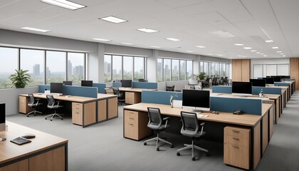 Modern Minimalist Corporate Office.
A sleek and minimalist corporate office with open-plan workspaces, glass partitions, and advanced computer setups. Natural light floods the room through large windo
