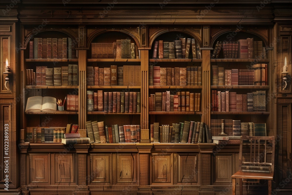 Aufkleber the wooden shelves are lined with a variety of textbooks and academic literature, creating a warm an