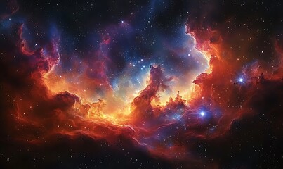 Fototapeta premium A vibrant nebula displays a stunning array of colors, intertwining blues, oranges, and reds against a starry backdrop, embodying the beauty of the cosmos.
