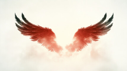 Obraz premium A pair of red and black angel wings against a white background.