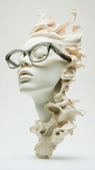 A white sculpture of a woman wearing glasses, the sculpture is abstract and has a modern feel.