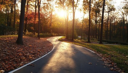 Autumnal Path Through Sun-Dappled Woods
