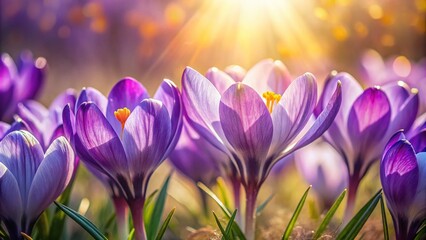 Close-Up Double Exposure of Purple Crocus Flowers in Morning Sunlight for Springtime Photography