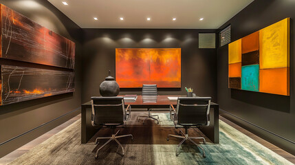 Contemporary home office with a sleek desk and vibrant art pieces. interior design 