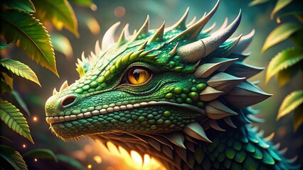 Obraz premium Closeup of a Majestic Green and White Dragon with Bokeh Effect for Fantasy Illustrations
