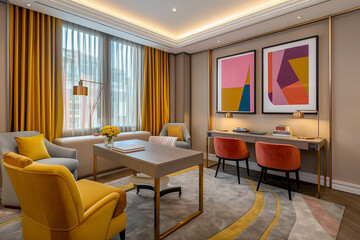 Contemporary home office with a sleek desk and vibrant art pieces. interior design 