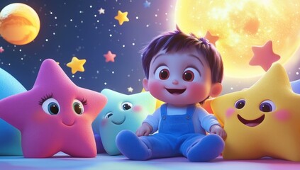 Fototapeta premium Smiling Boy with Star Friends Under a Full Moon