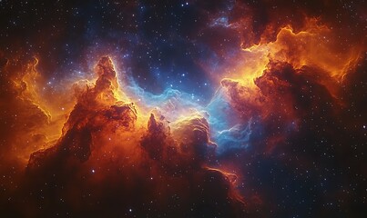 Fototapeta premium A vibrant cosmic scene showcasing swirling clouds of orange, blue, and black, filled with countless stars, depicting the beauty of the universe.