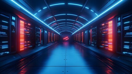 Holographic data streams pulsing between machines in a circular server room, dark and futuristic atmosphere, Sci-Fi, Neon Lights, 3D Render