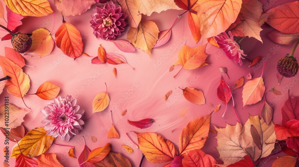 Poster A vibrant array of autumn leaves and flowers in warm tones lay scattered, showcasing the rich colors of the fall season. Generative AI