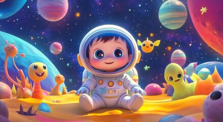 Cute Astronaut Baby in Space with Colorful Planets