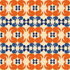 Obraz premium Dark blue and orange embroidery, motif ethnic ikat seamless textile illustration, print striped ornament, pattern, design for wrapping, silk, scarf, clothing, background, textile, carpets, curtains.
