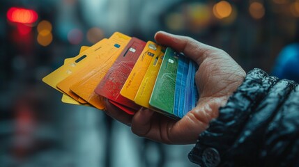 Hand holding multiple shopping loyalty cards