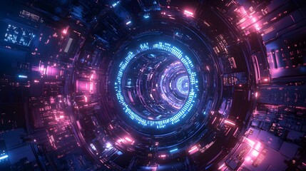 Obraz premium Industrial robots in a circular formation assembling advanced AI gadgets, glowing circuits, metallic surfaces, soft blue and purple lighting, Sci-fi, Digital Art