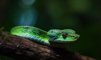 Fototapeta premium Green viper snake on branch, viper snake, green insularis