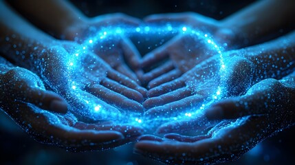Interconnected hands in a circle, glowing holographic lines connecting each, futuristic, neon blue light, digital art, symbolizing global unity and collaboration
