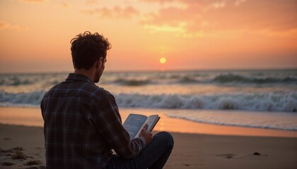 Fototapeta premium Thoughtful young man reading a book on the beach at sunset, serene mood, ocean view