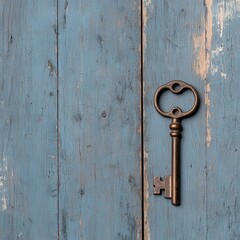 Antique key and lock on a wooden door