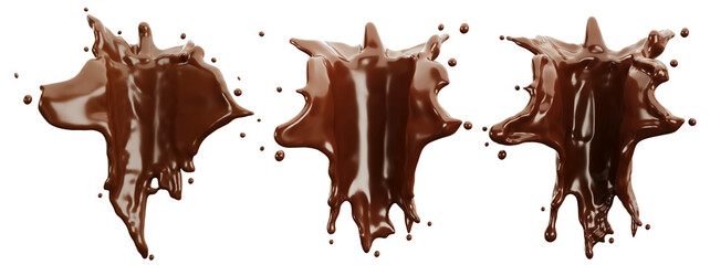 Closeup various Chocolate liquid splashes dripping on white background. 3D Render.
